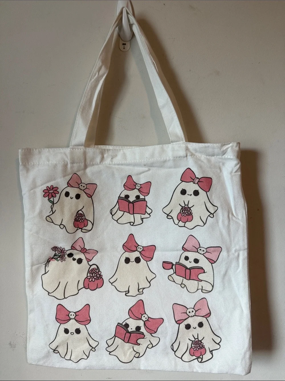 Cute Ghosts Canvas Tote Bag with Pink Bows